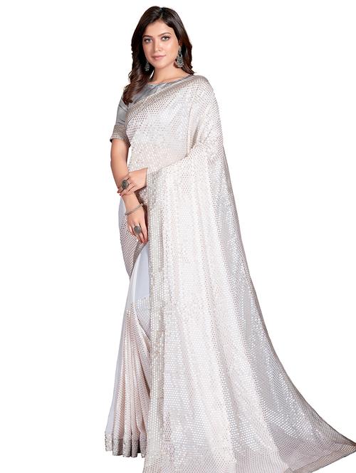 cream georgette embroidered saree with blouse - 18184438 - Very Small Image - 1