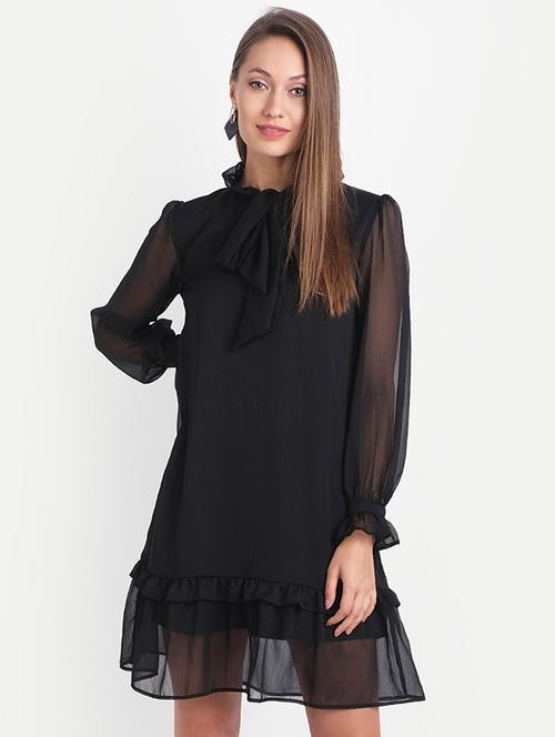 tie up neck solid a-line dress - 18184868 - Very Small Image - 1