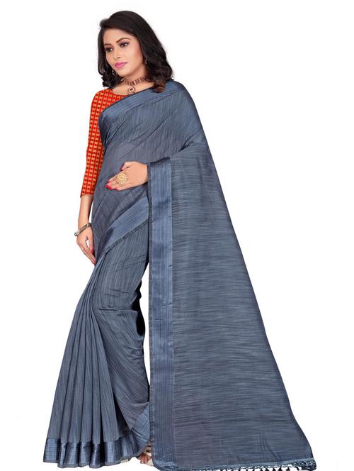 fringe detailed solid saree with blouse - 18185047 - Very Small Image - 1