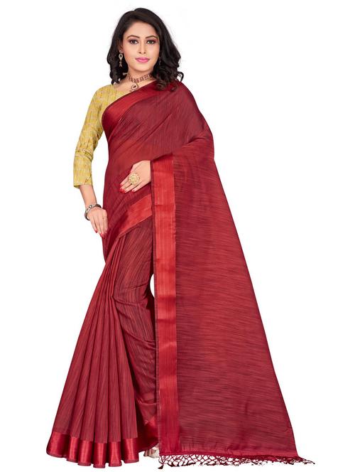 fringe detailed solid saree with blouse - 18185051 - Very Small Image - 1