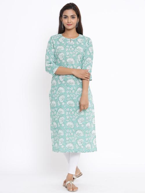 green cotton straight kurta - 18185599 - Very Small Image - 1