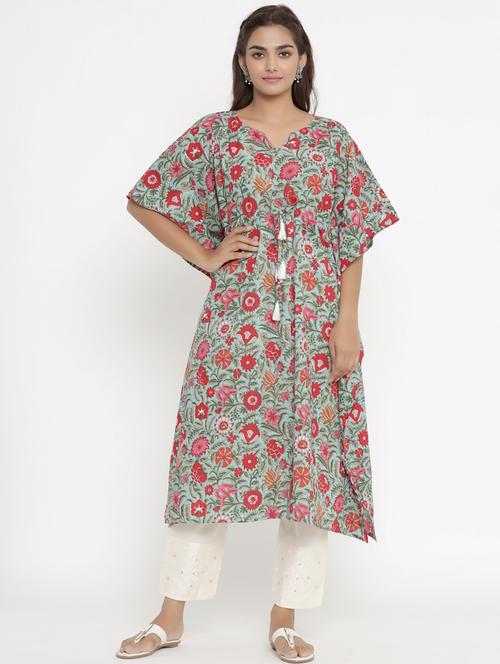 green cotton kaftan kurta - 18185612 - Very Small Image - 1