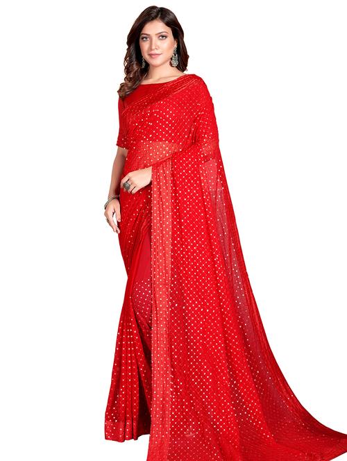 red sequined saree with blouse - 18185638 - Very Small Image - 1