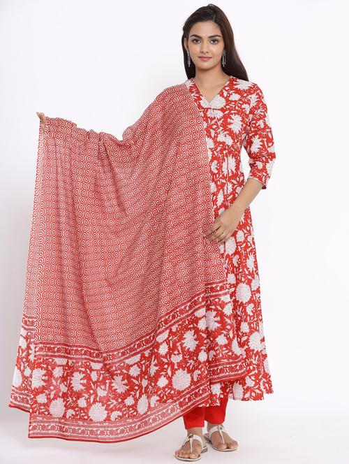 red cotton kurta dupatta set - 18185666 - Very Small Image - 1