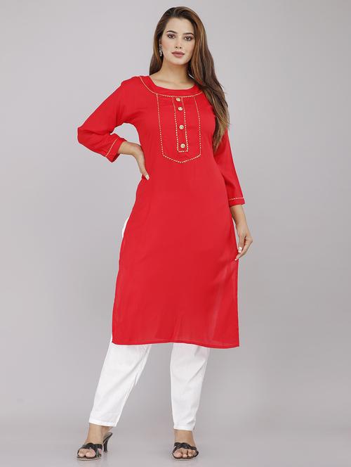 red solid straight kurta - 18185995 - Very Small Image - 1