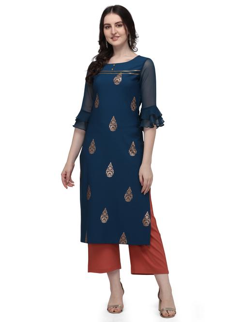 navy crepe straight kurta - 18186039 - Very Small Image - 1