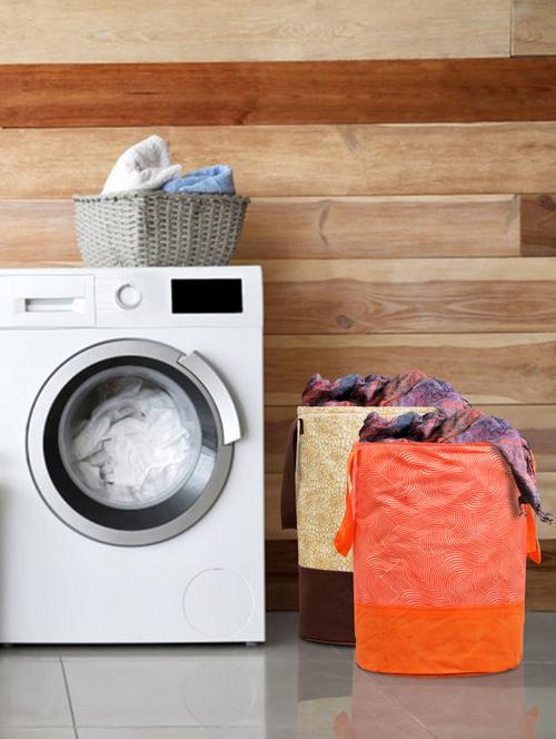 kuber industries printed 2 pieces waterproof cotton laundry bag,laundry basket 45 l (brown & orange) - 18188462 - Very Small Image - 1
