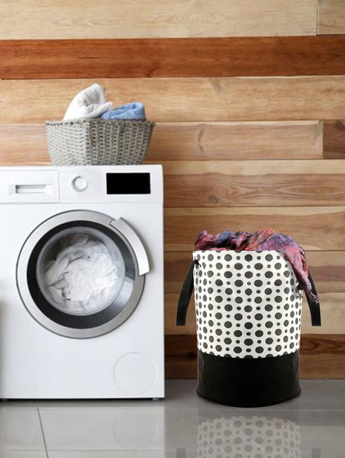 kuber industries polka dot print waterproof cotton laundry bag,laundry basket organizer 45l (black) - 18188466 - Very Small Image - 1