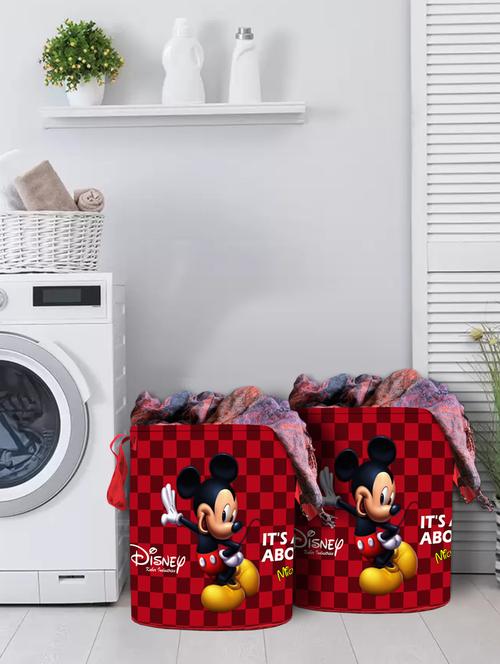 kuber industries disney mickey print 2 pcs cotton fabric foldable laundry basket 45 ltr (maroon) - 18188485 - Very Small Image - 1