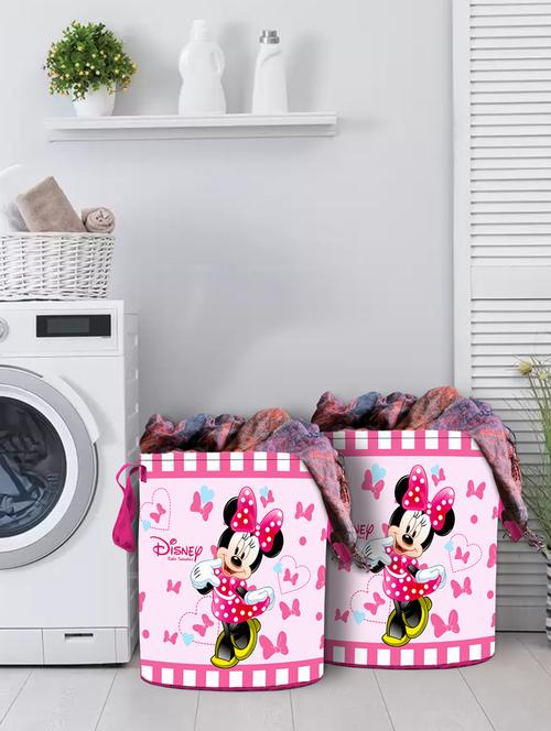 kuber industries disney minnie print 2 pcs cotton fabric foldable laundry basket 45 ltr (pink) - 18188487 - Very Small Image - 1