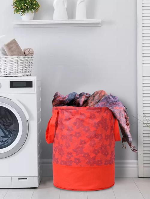kuber industries metalic flower print round foldable laundry basket with handles,45 ltr (red) - 18188495 - Very Small Image - 1