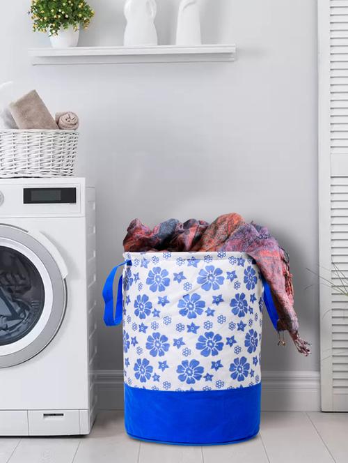kuber industries flower print round foldable laundry basket with handles,45 ltr (blue) - 18188504 - Very Small Image - 1