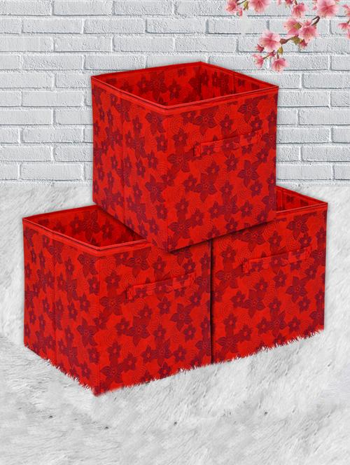kuber industries metallic print non woven 3 pieces fabric foldable cubes storage box with handle, extra large (red) - 18188904 - Very Small Image - 1