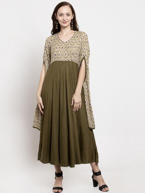olive viscose flared ethnic dress - 18188956 - Very Small Image - 1