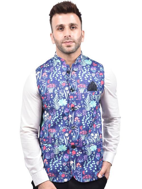 navy-blue printed nehru jacket - 18189868 - Very Small Image - 1