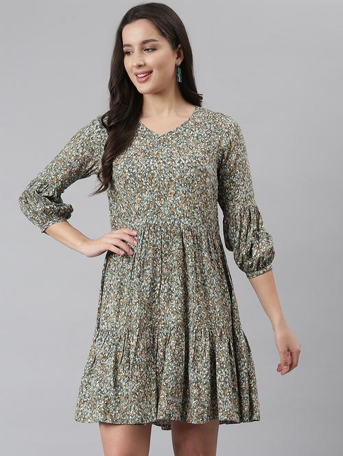 green printed fit & flare dress - 18190499 - Very Small Image - 1