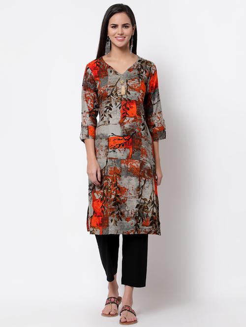 v-neck printed straight kurta - 18192160 - Very Small Image - 1