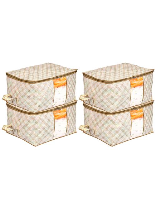 kuber industries metalic checkered print non woven 4pcs underbed storage bag,cloth organiser (ivory) - 18192294 - Very Small Image - 1