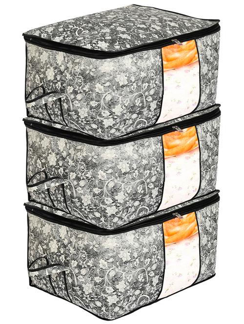 kuber industries metalic flower print non woven 3pieces underbed storage bag,cloth organiser (black) - 18192297 - Very Small Image - 1