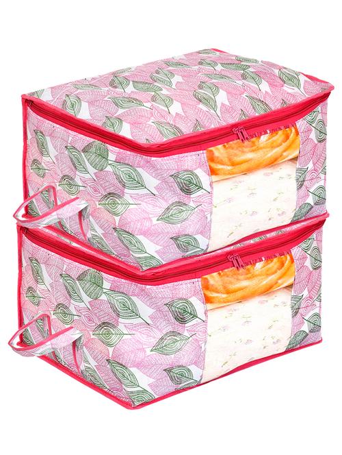 kuber industries metalic leafy print non woven 2 pieces underbed storage bag,cloth organiser (pink) - 18192300 - Very Small Image - 1