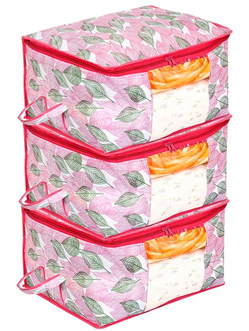 kuber industries metalic leafy print non woven 3 pieces underbed storage bag,cloth organiser (pink) - 18192301 - Very Small Image - 1