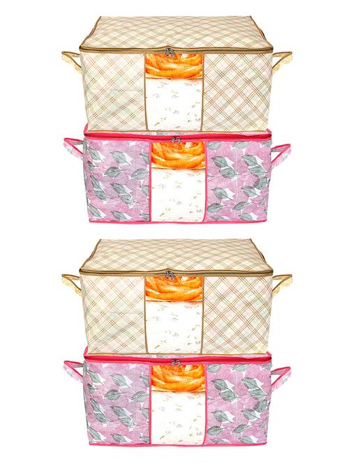 kuber industries metalic print non woven 4pieces underbed storage bag,cloth organiser (ivory & pink) - 18192309 - Very Small Image - 1