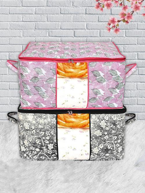 kuber industries metalic print non woven 4pieces underbed storage bag,cloth organiser (black & pink) - 18192310 - Very Small Image - 1