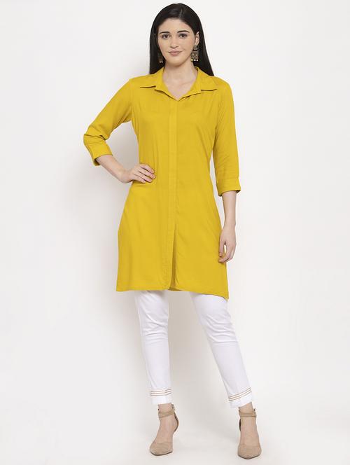 yellow solid side slit kurta - 18192520 - Very Small Image - 1