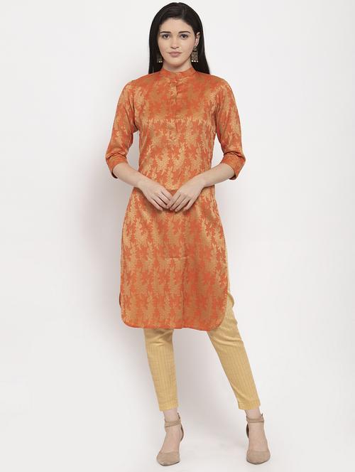 orange solid side slit kurta - 18192522 - Very Small Image - 1
