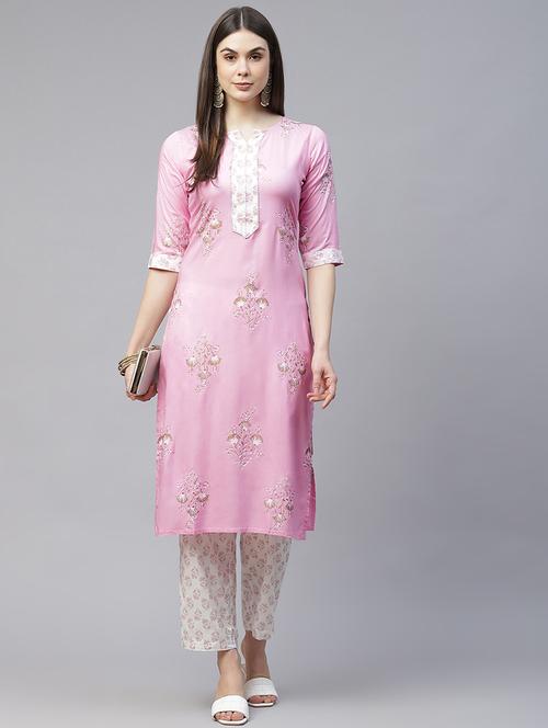 pink cotton kurta palazzo set - 18193135 - Very Small Image - 1