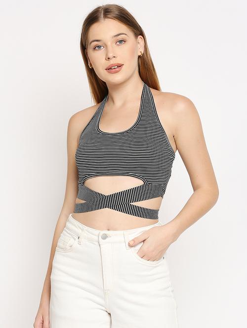 halter neck striped crop top - 18198956 - Very Small Image - 1