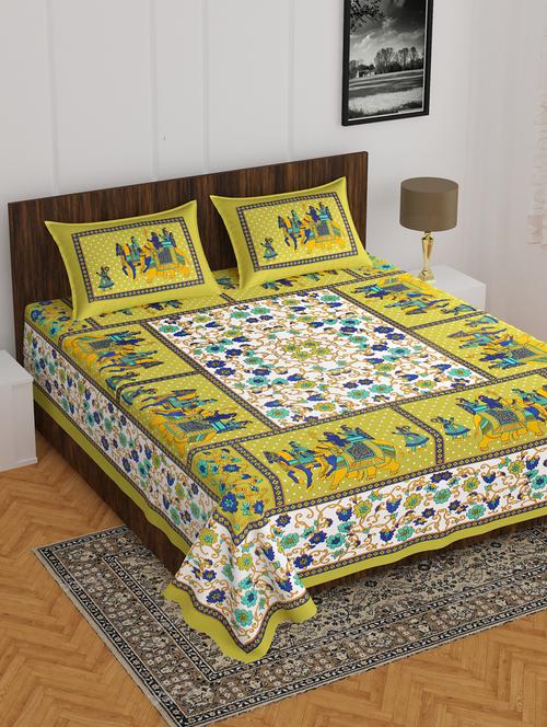 divamee jaipuri print cotton double bedsheet with 2 pillow covers -color resistance-size 85x90 inchs - 18199784 - Very Small Image - 1