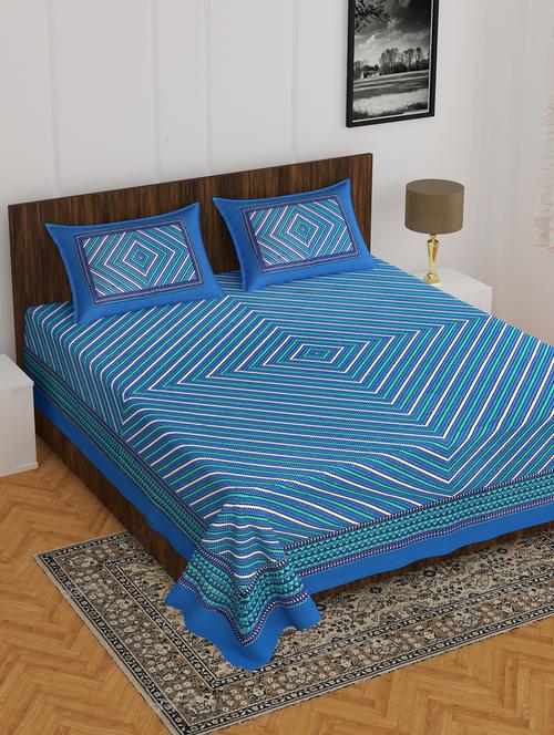 divamee jaipuri print cotton double bedsheet with 2 pillow covers -color resistance-size 85x90 inchs - 18199785 - Very Small Image - 1