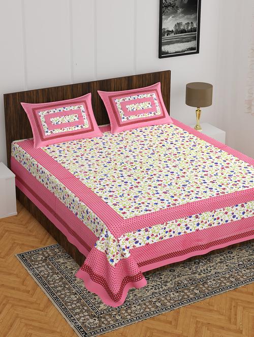 divamee jaipuri print cotton double bedsheet with 2 pillow covers -color resistance-size 85x90 inchs - 18199798 - Very Small Image - 1