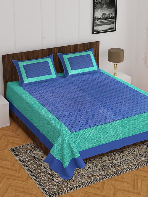 divamee jaipuri print cotton double bedsheet with 2 pillow covers -color resistance-size 85x90 inchs - 18199811 - Very Small Image - 1