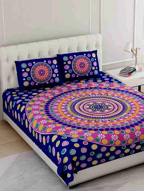 divamee jaipuri print cotton double bedsheet with 2 pillow covers -color resistance-size 85x90 inchs - 18199814 - Very Small Image - 1