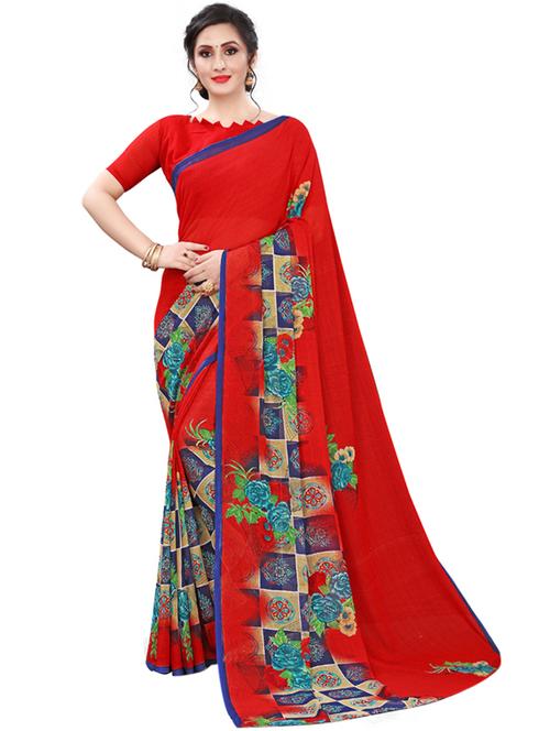 red georgette printed saree with blouse - 18201023 - Very Small Image - 1