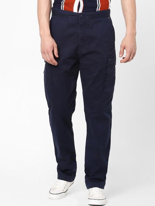 navy blue solid casual trouser - 18201934 - Very Small Image - 1