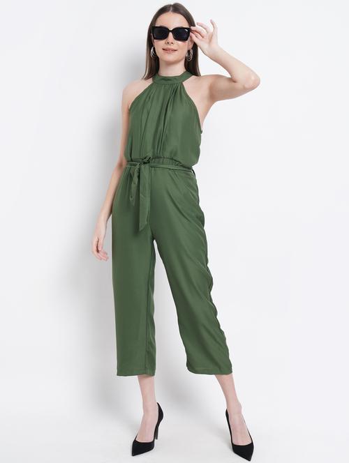 olive solid full leg jumpsuit - 18202974 - Very Small Image - 1