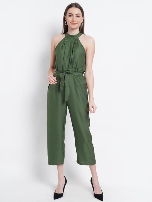 tie front solid full leg jumpsuit - 18202980 - Very Small Image - 1