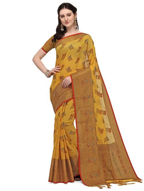 yellow silk blend banarasi saree - 18203013 - Very Small Image - 1