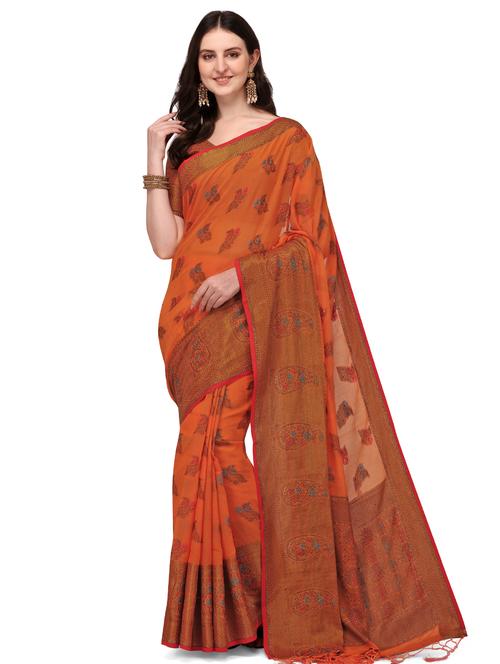 orange silk blend banarasi saree - 18203015 - Very Small Image - 1