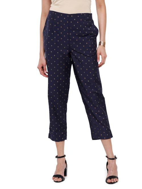 navy printed straight trouser - 18203017 - Very Small Image - 1