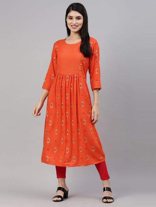 orange printed anarkali kurta - 18203929 - Very Small Image - 1