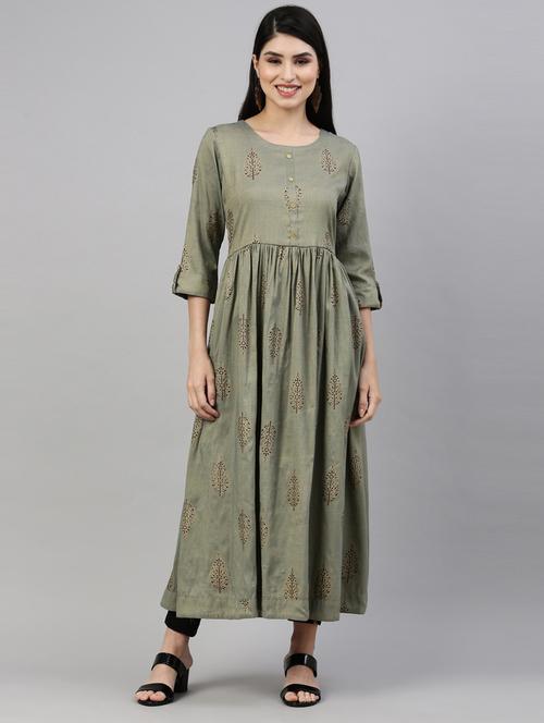 green printed flared kurta - 18203931 - Very Small Image - 1