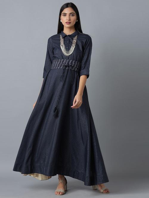 navy blue silk flared ethnic dress - 18204113 - Very Small Image - 1