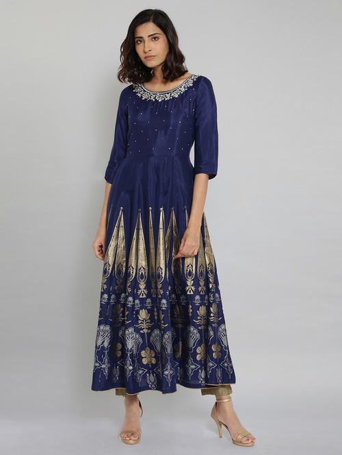 navy blue viscose flared ethnic dress - 18204135 - Very Small Image - 1