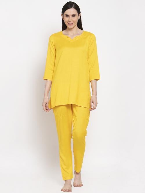 notch neck solid nightwear pajama set - 18205409 - Very Small Image - 1