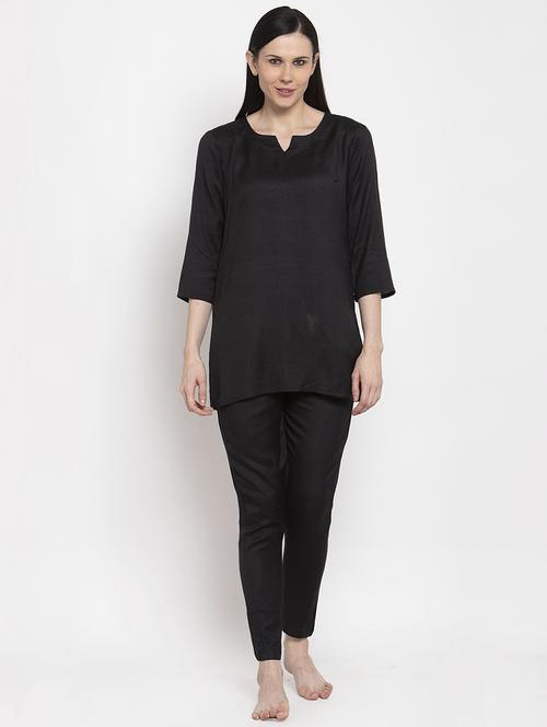 notch neck solid nightwear pajama set - 18205412 - Very Small Image - 1