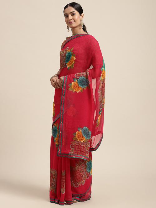 floral printed saree with blouse - 18206128 - Very Small Image - 1